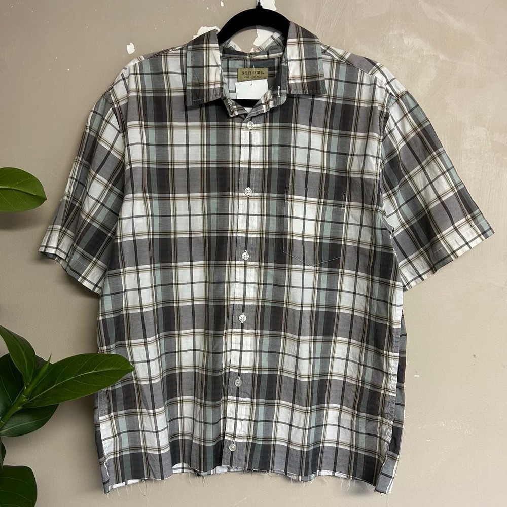 Sonoma Life Style Mens Large Plaid Short Sleeve Button Up Shirt Grey Mint Frayed